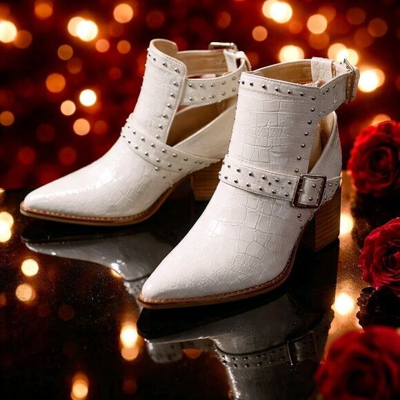 Givenchy White Leather Studded Buckle Western Boots  White Croc-Embossed Studded Ankle Boots with Buckle Detail